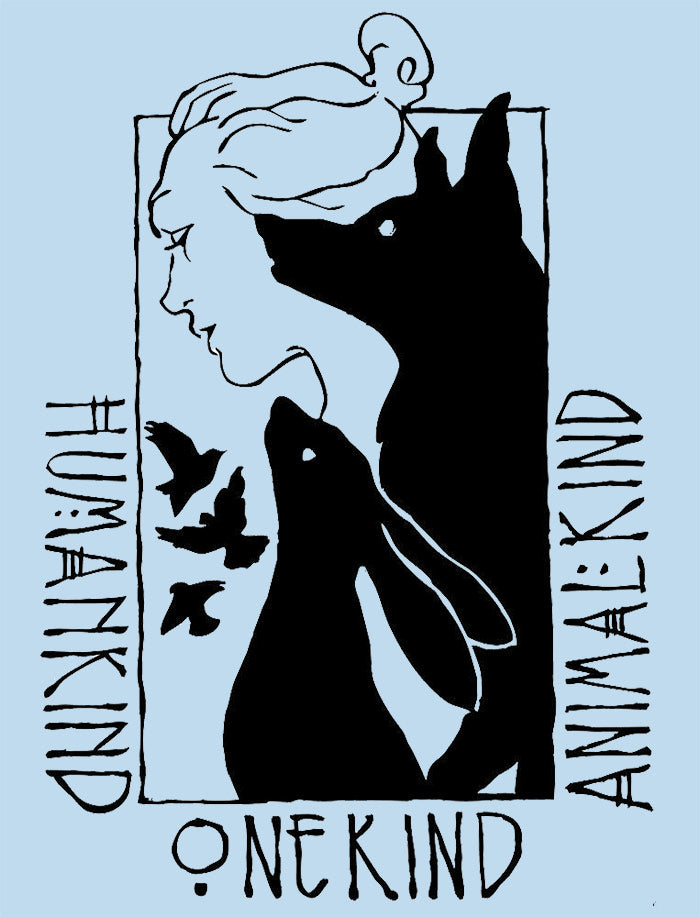Hoodie artwork featuring birds, hare, fox and girl with the words HumanKind AnimalKind OneKind