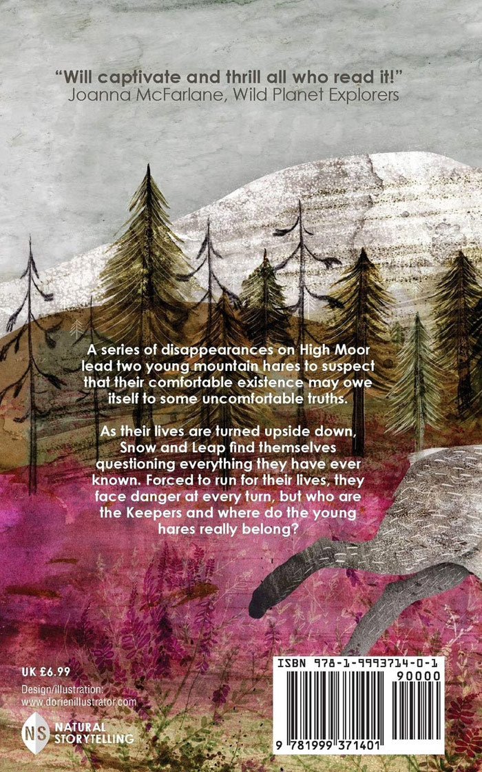 Illustration of hare running through countryside with trees, mountains and birds in the background. Features the wording "The Blue Hare" across the middle in white text, and author's name Hugh Webster in the bottom right of the page.