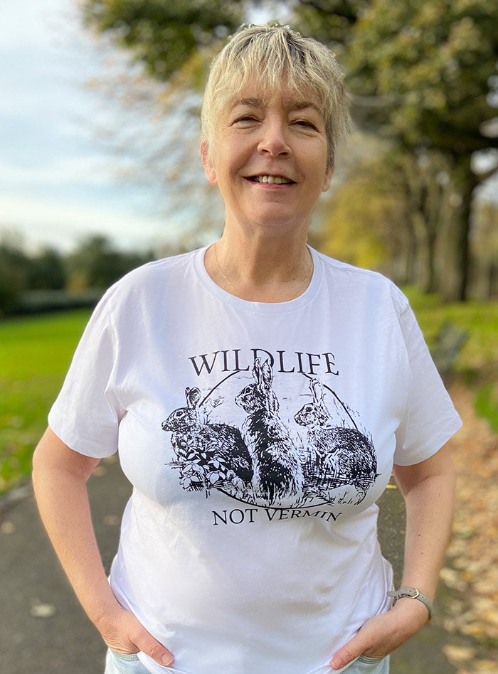 Wildlife Not Vermin white t-shirt with rabbits