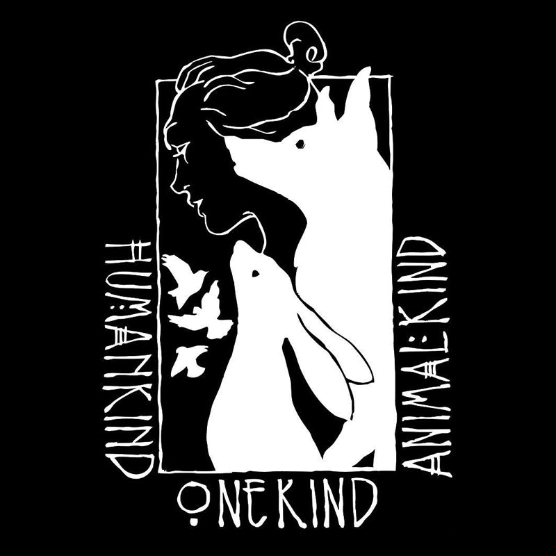 Tshirt artwork featuring birds, hare, fox and girl with the words HumanKind AnimalKind OneKind