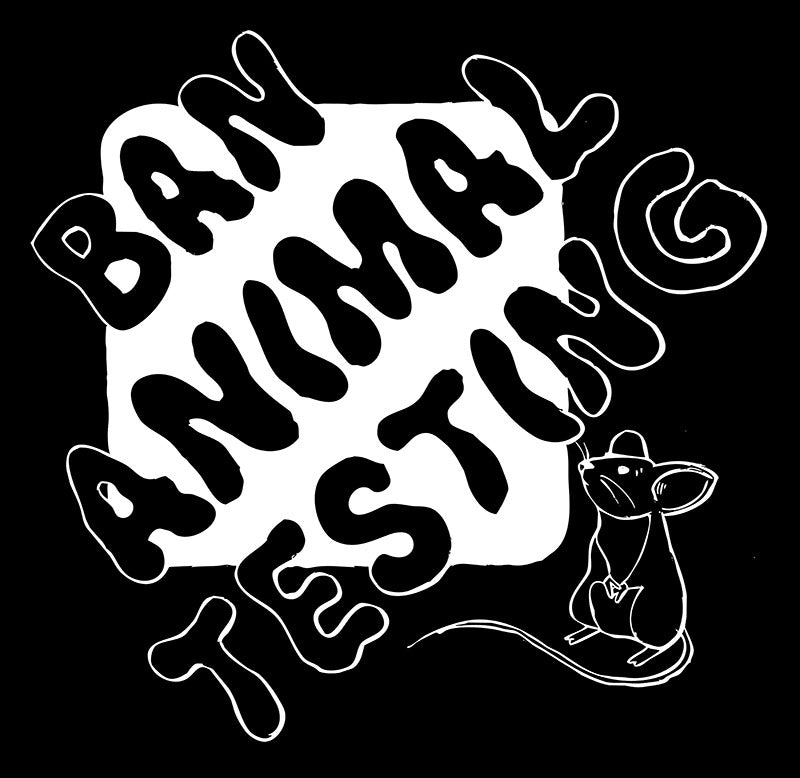 tshirt artwork displaying the words Ban Animal Testing in black, with a white block background and small white mouse looking up