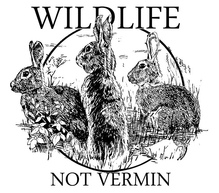 Wildlife Not Vermin t-shirt artwork with rabbits